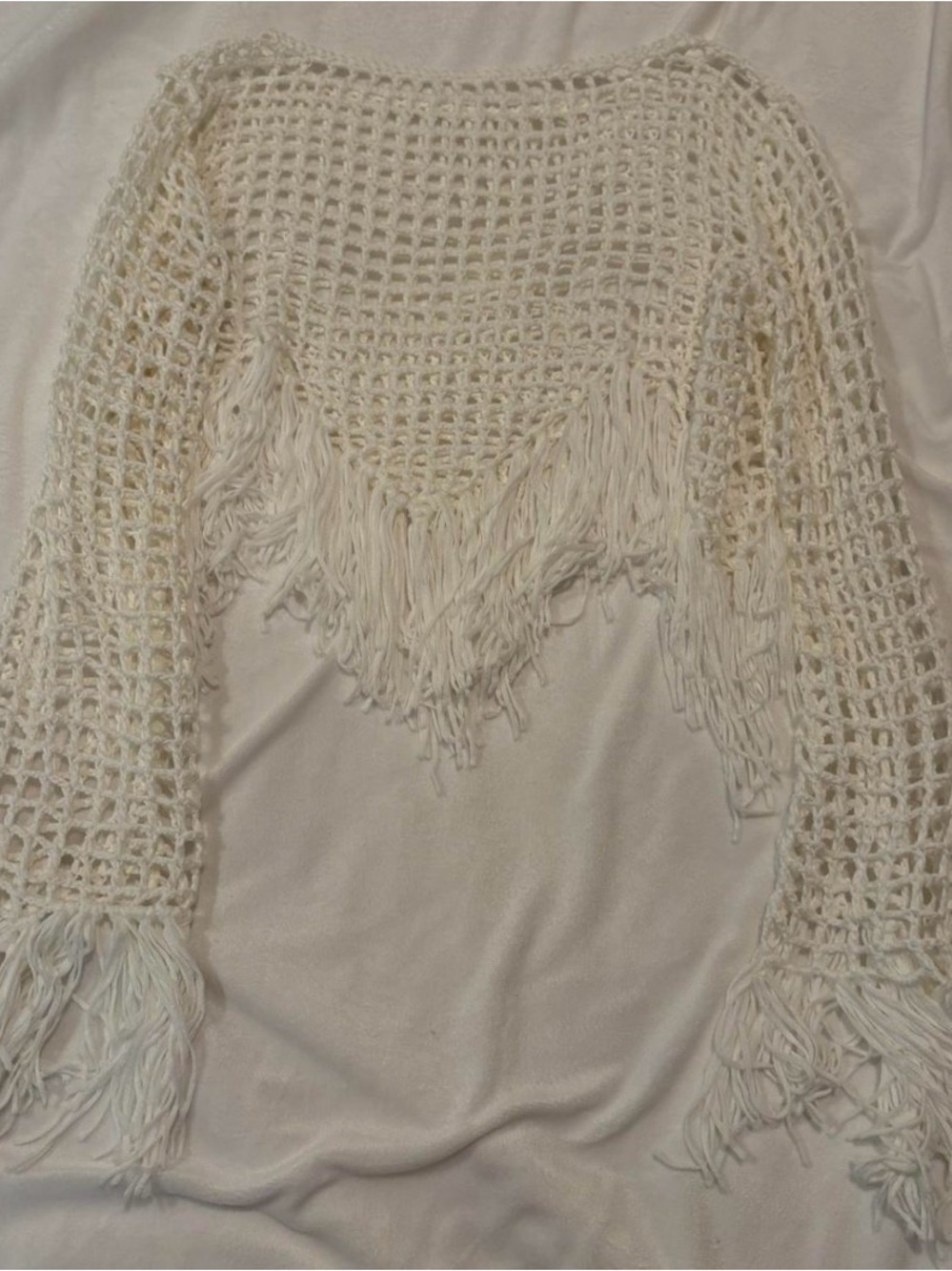 White Crochet Fringe Scoop-Neck Cover-Up Sweater Long sleeve One Size